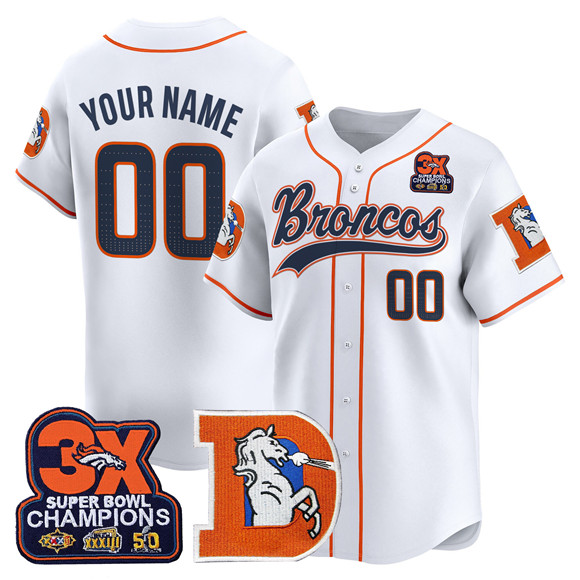Men's Denver Broncos Active Player Custom White 3X Super Bowl champions Patch Throwback Vapor Limited Baseball Jersey